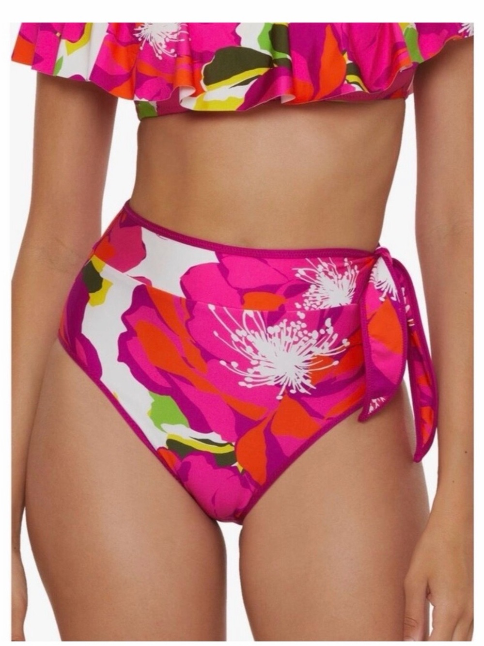 Trina Turk Hot Pink Floral Bikini Bottoms with Red and Green Accents
